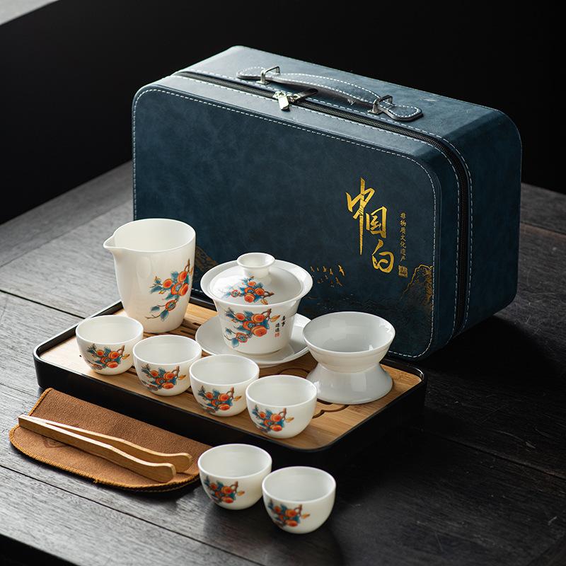 Suet jade tea set, white porcelain travel kung fu tea set, tea tray set, cover bowl teacup