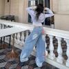 RUMM Jeans Women's American High Street Heavy Industry Patch Splicing Pants Vintage Washed Wide Leg Drop Casual Pants