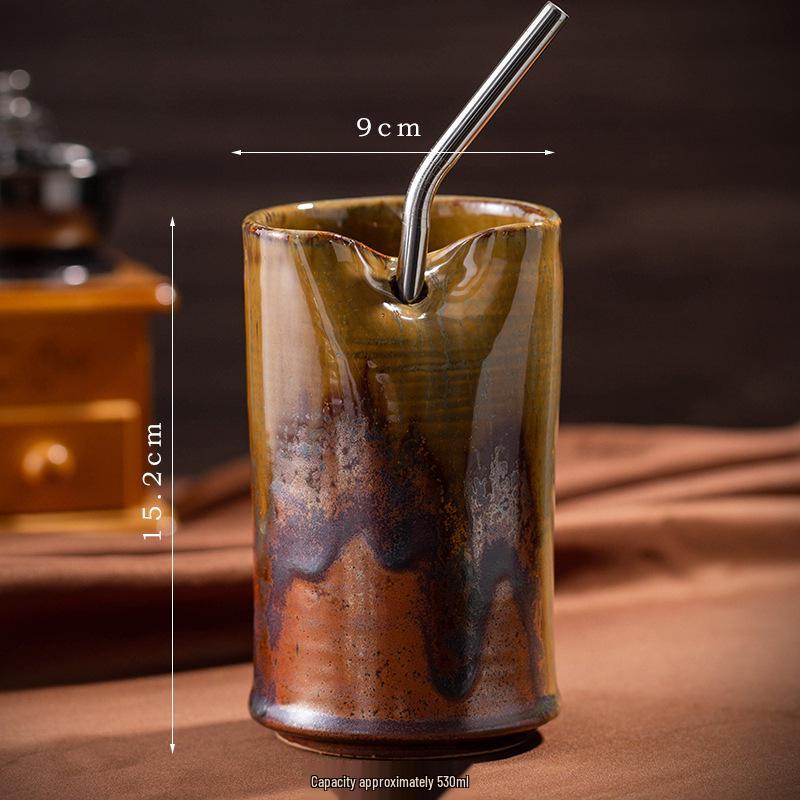 Nordic Creative Retro Ceramic Coffee Cup - Irregular Straight Cylinder Design, Coarse Pottery Finish, Straw Mug Style.