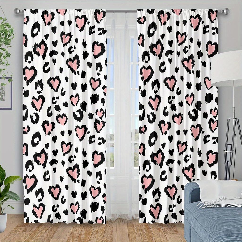 Set Of 2 Heart Leopard Print Curtains Polyester Fabric Suitable Bedroom Living Room Decoration Curtain Machine Washable Ideal For