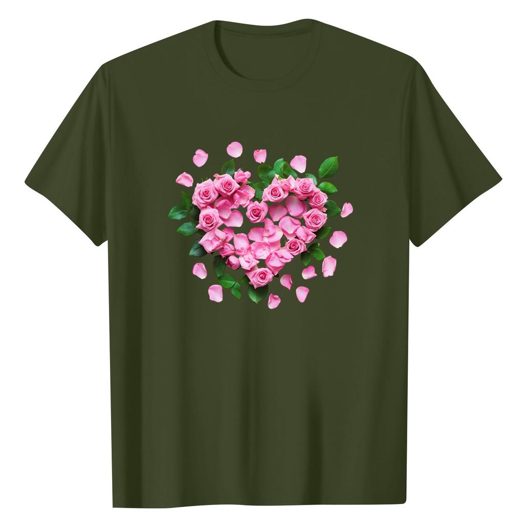 Women's Fashionable Round Neck Casual Retro Print Short Sleeved T-shirt Top