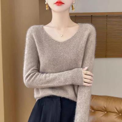 Pulover de damă 100% lână cu decolteu în V - Top tricotat moale, care subțiază