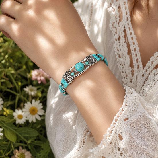 Women Bangle, Adjustable Chain Length Bracelet, Feather Pendant Turquoise Beaded Bracelet, Retro Bohemian Style Bracelet for Jewelry Gift