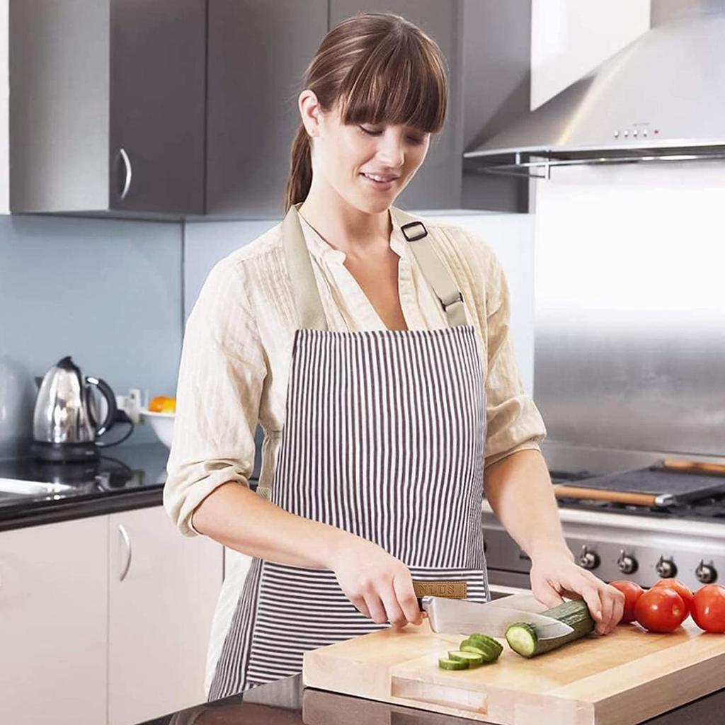 Black White Striped Kitchen Apron Adjustable Oil Repellent Work Apron With 2 Pockets For Men Women Baking Cooking Restaurant