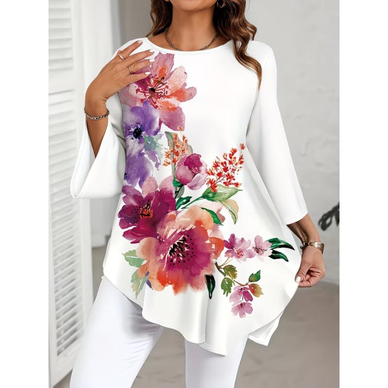 Women S Elegant Plus Size Printed Round Neck Asymmetrical Hem Top L