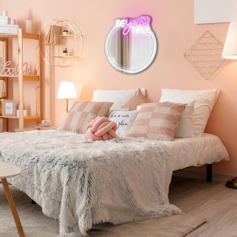 Wunderschönes Spiegel Neon Schild, Neon Schild für Wanddekoration, Rosa und Weißes Neon Licht Schild für Zuhause, USB-Anschluss LED Neon Schilder für Mädchenzimmer Dekoration