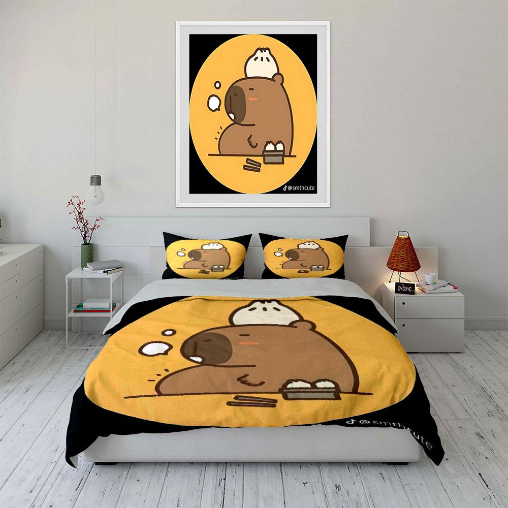 Kawaii Capybara With Steamed Buns Cute Prints Bedding Set Exquisite Three-Piece Bedding Set Gift For Kids And Adults