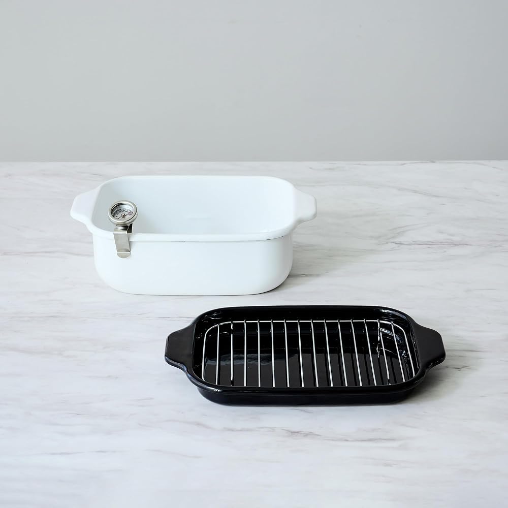 Fujihoro Tempura Pot Square Wide with Thermometer IH Compatible White 22cm
