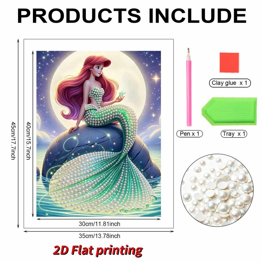 Dreamy Pearl-Inlaid Little Mermaid Frameless Art | Moonlit Starry Bg, Handmade Pearl & Diamond Craft, Ideal for Retro, Fairy, Luxury Home Decor