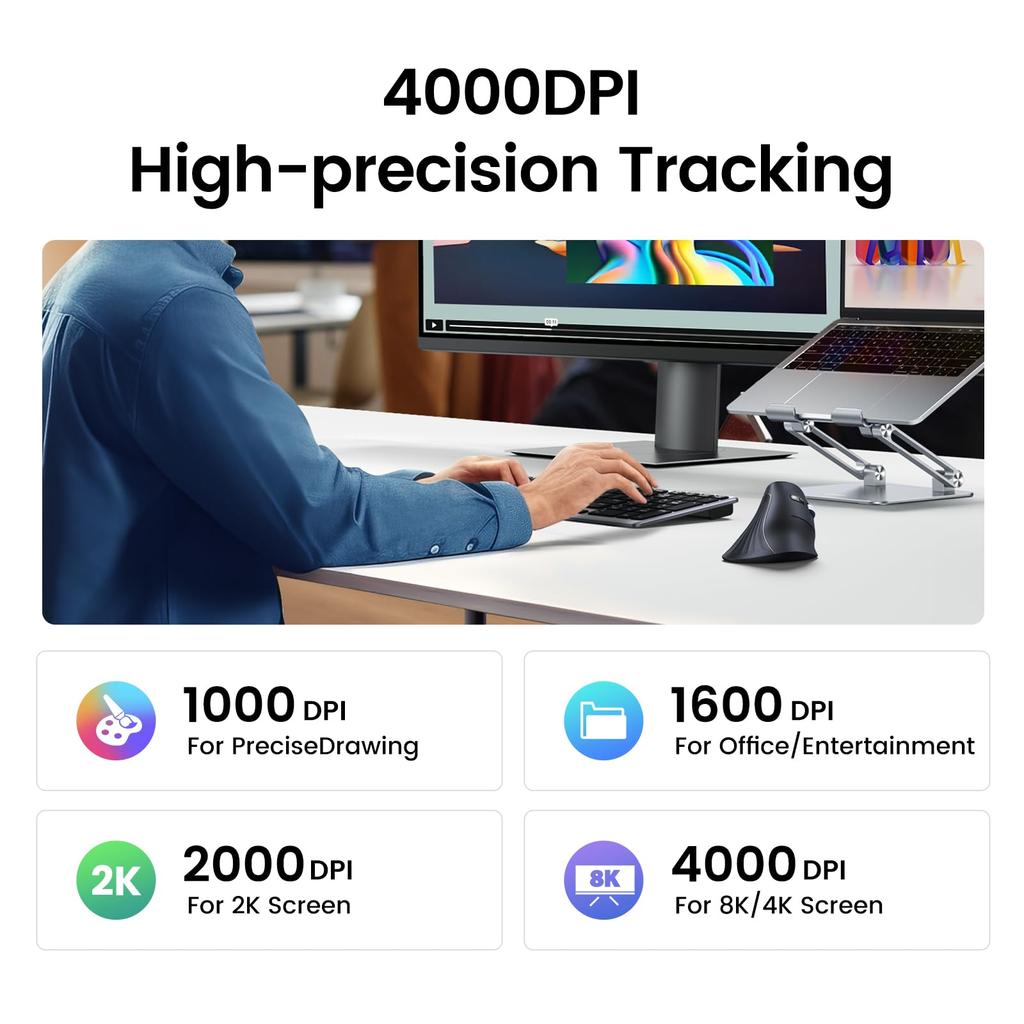 Mouse fără fir UGREEN Vertical Silențios Bluetooth Wireless 6 butoane DPI Previne brațul mouse-ului Design ergonomic Compatibil cu Black 5.0 2.4GHz