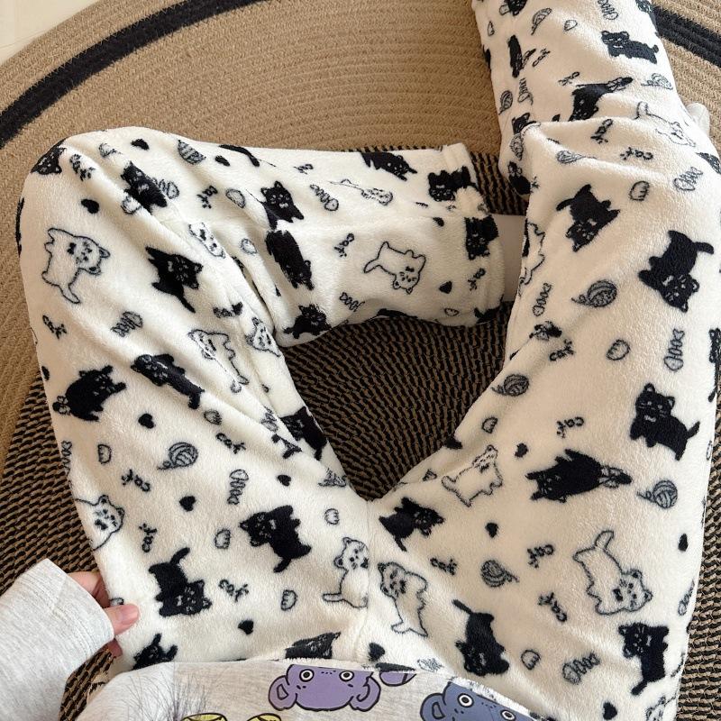 Cartoon Flannel Pajama Pants for Women - Winter Warm Fleece Lounge Pants, Coral Velvet Sleepwear Bottoms for Students, Cozy Home & Outdoor Wear