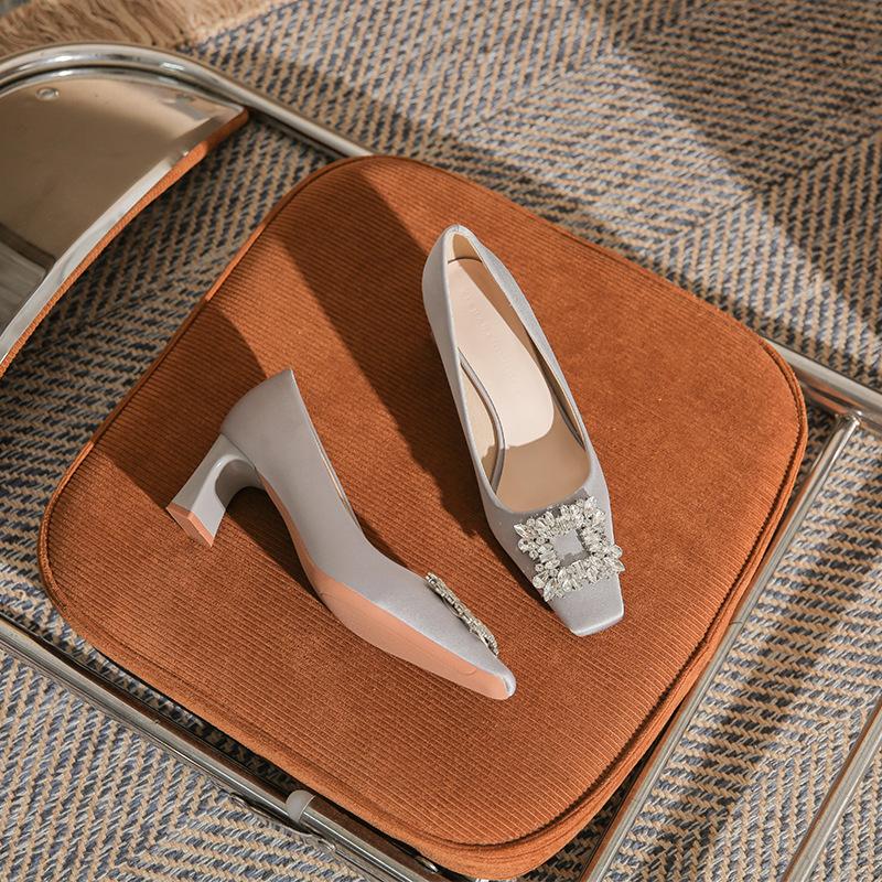 - Classic Satin Rhinestone Square Head Thick Heel High Heels Women's Fashion Simple CMCM