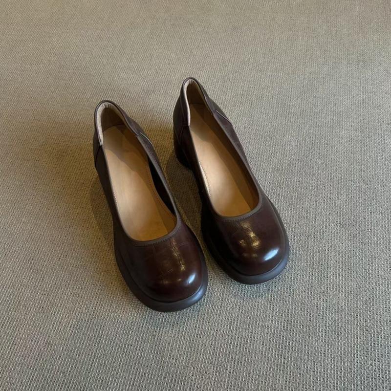 Sheepskin version~ retro shallow leather single shoes women's round head thick heel one pedal Mary Jane shoes small leather shoes
