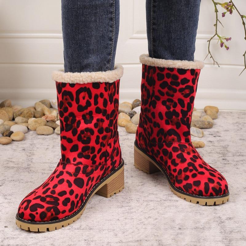 Winter new leopard print women's boots medium tube thick heel high heel fluffy snow boots large size cotton boots women