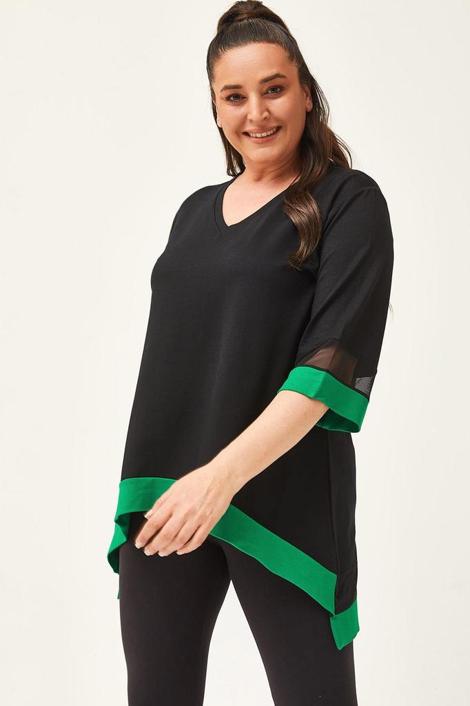 Women's Big Size Blouse Plus Size Black-Green Blouse with Tulle Detail On Sleeves and Skirt