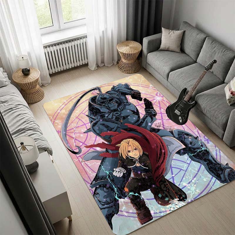Fullmetal Alchemist Dark Anime Rug, Edward Elric Red Transmutation Circle Print Carpet, Black Red Game Room Floor Mat
