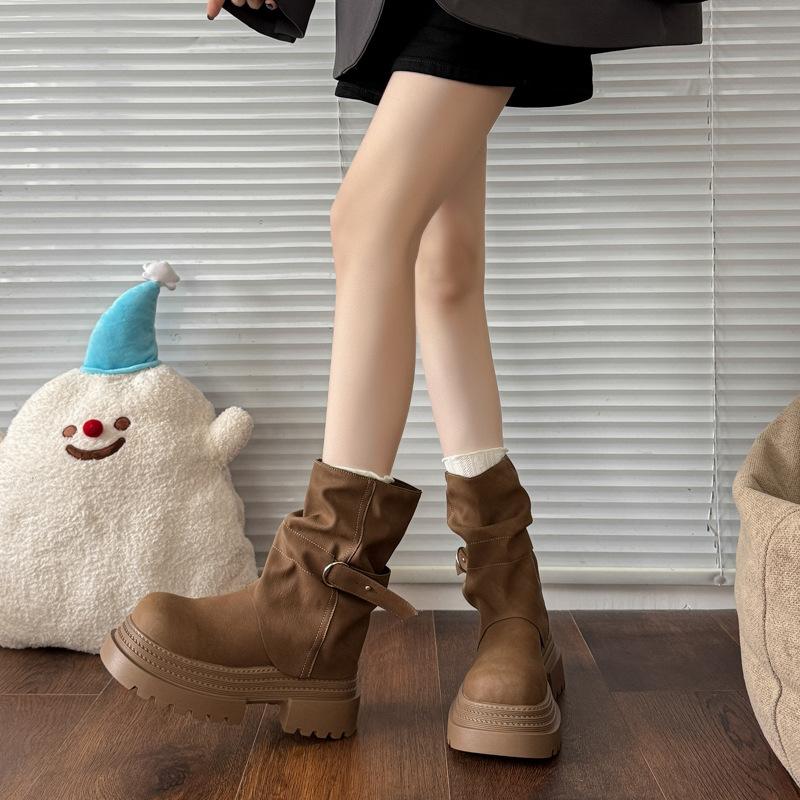 Platform Boots Women's 2025 New Autumn Brown Maillard Wind Pile Boots Pant Pants Boots Martin Boots Knight Boots