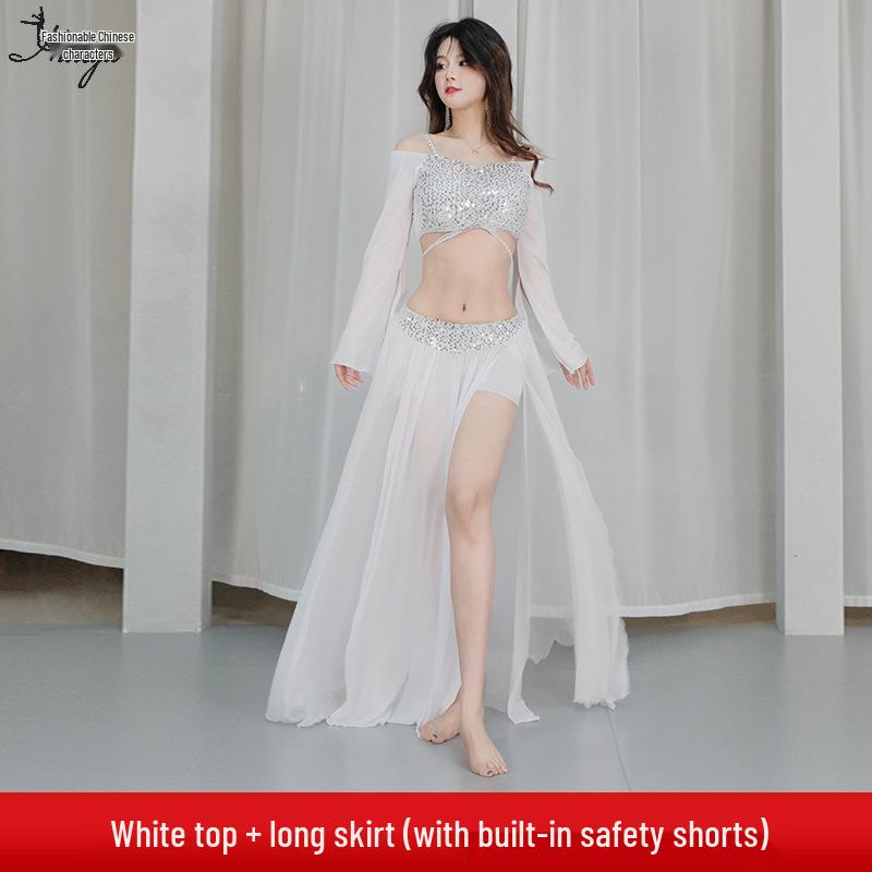 Huayu 2025 Sequined Belly Dance Dress Set - Mesh Long Dress for Practice & Performance