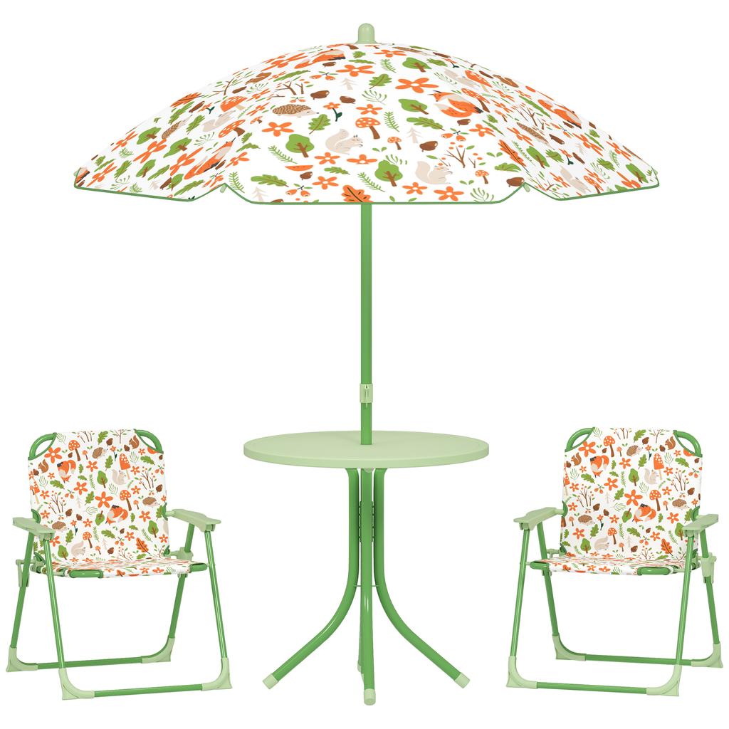 Garden Set for Children Ages 2-5 with Round Table, 2 Folding Chairs and an Umbrella, Green