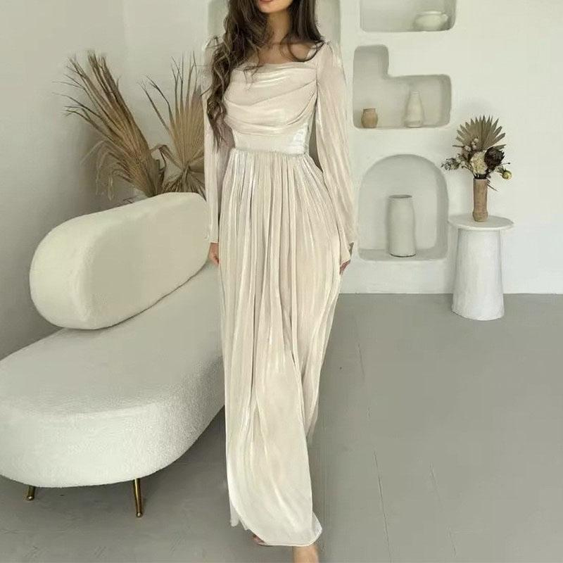 Vestido plisado de cintura alta con cuello cuadrado para mujer, elegante, estilo retro, corte, manga larga, primavera y verano 2025