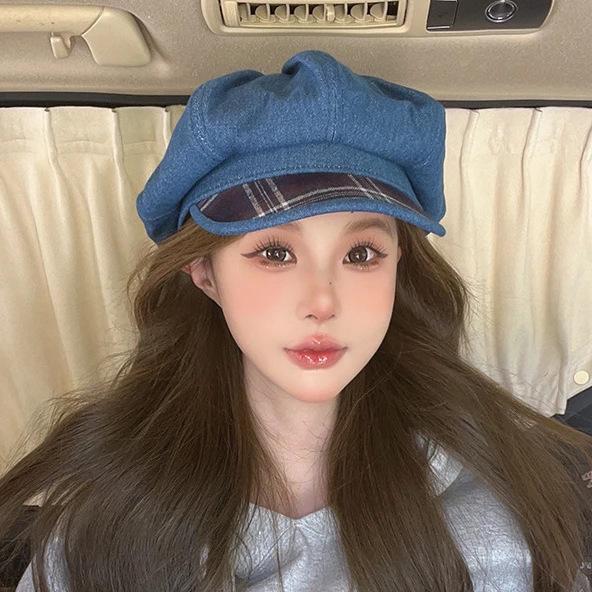 Painter British Octagonal Hat Showing Face Plaid New Retro Denim Beret Niche Big Head Cloud Hat