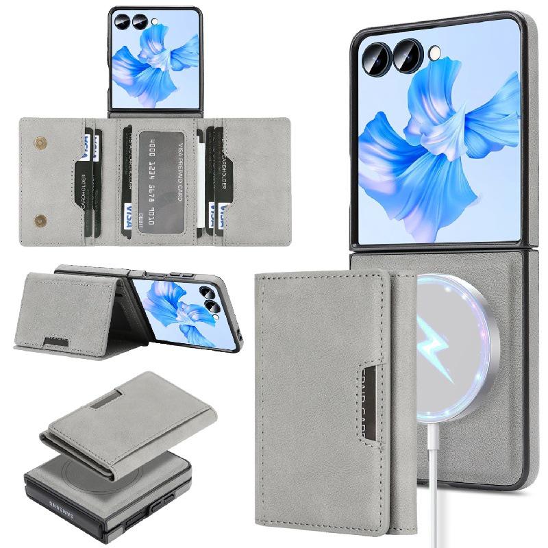Samsung Z Flip7 Wireless Charging Phone Case with Magnetic Tri-fold Card Holder, Leather Sticker, Velvet Inner, 6-Level Protection.