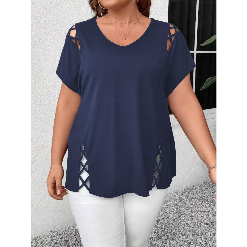 Gładki kolor, krótki rękaw, detal z krzyżującymi się paskami, modny, elegancki, damski top/koszulka plus size