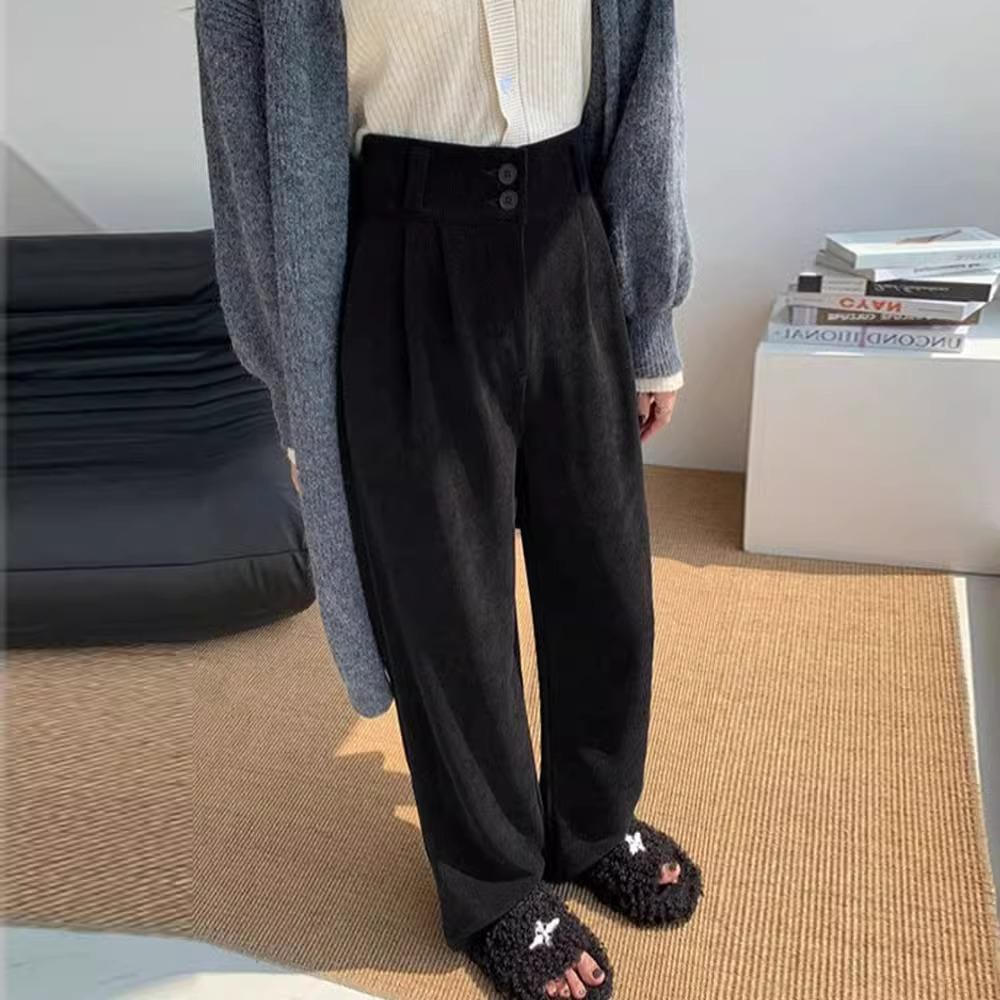 Women's White Corduroy Wide-Leg Pants with Velvet Lining, Petite Fit, Straight Leg - Autumn/Winter.