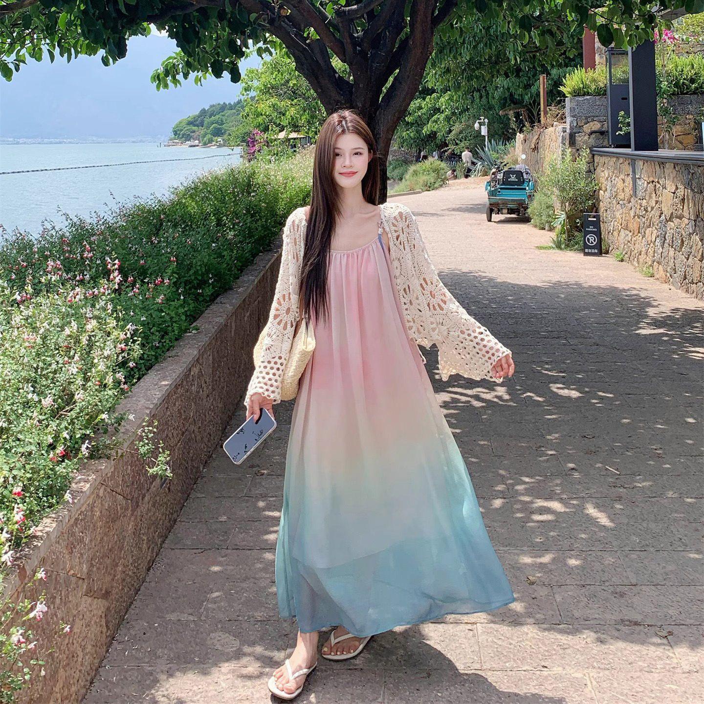 

Korean Sweet Gradient Spaghetti Strap Beach Dress - 2026 Summer Seaside Vacation Design M (Recommended 95-105 lbs)