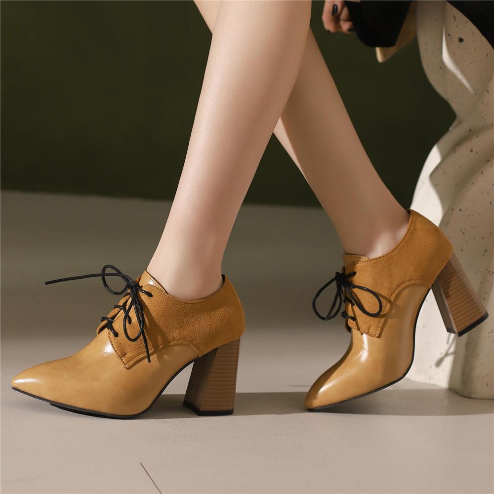 Fashion Women's Pump Shallow Brogue Shoes Vintage Chunky Heel Oxford Lace-Up Fashion Elegant Ladies High Heels White Black Brown Red
