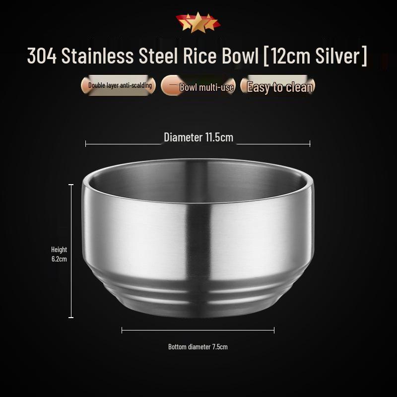 304 Stainless Steel Double-Layer Rice Bowl with Lid - Children's Anti-Scald Insulated Soup & Kimchi Dish, Korean Tableware.