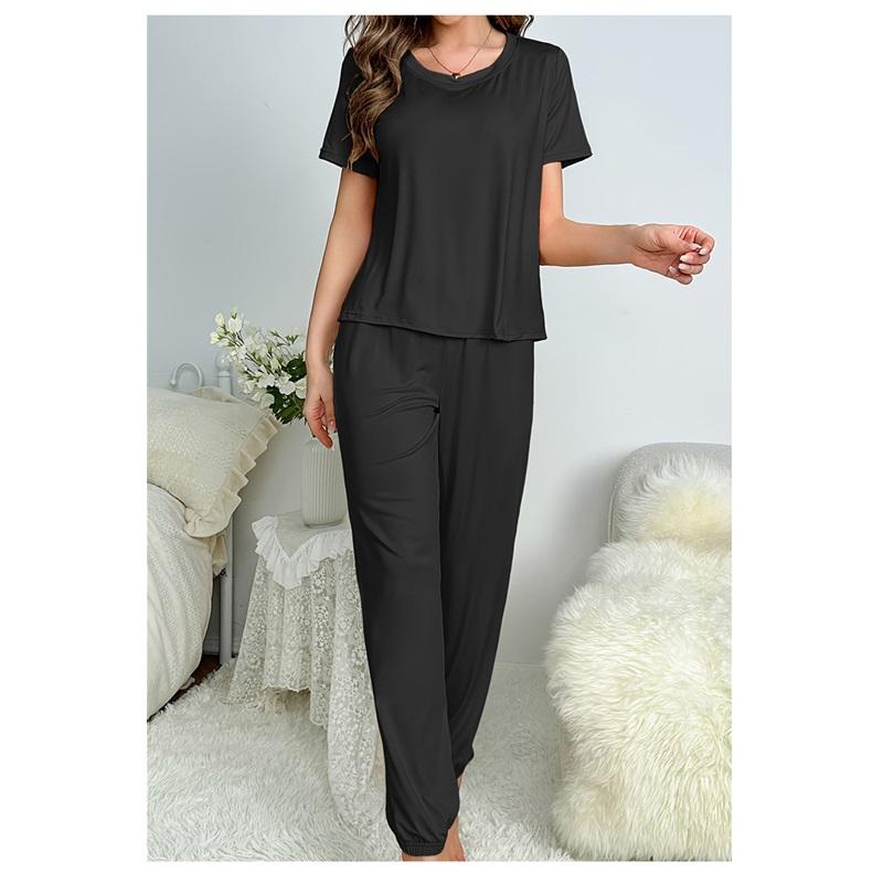 Pyžamový oblek klasický dámský jednobarevný mléčný hedvábí s krátkým rukávem kulatý výstřih tričko kalhoty oblek