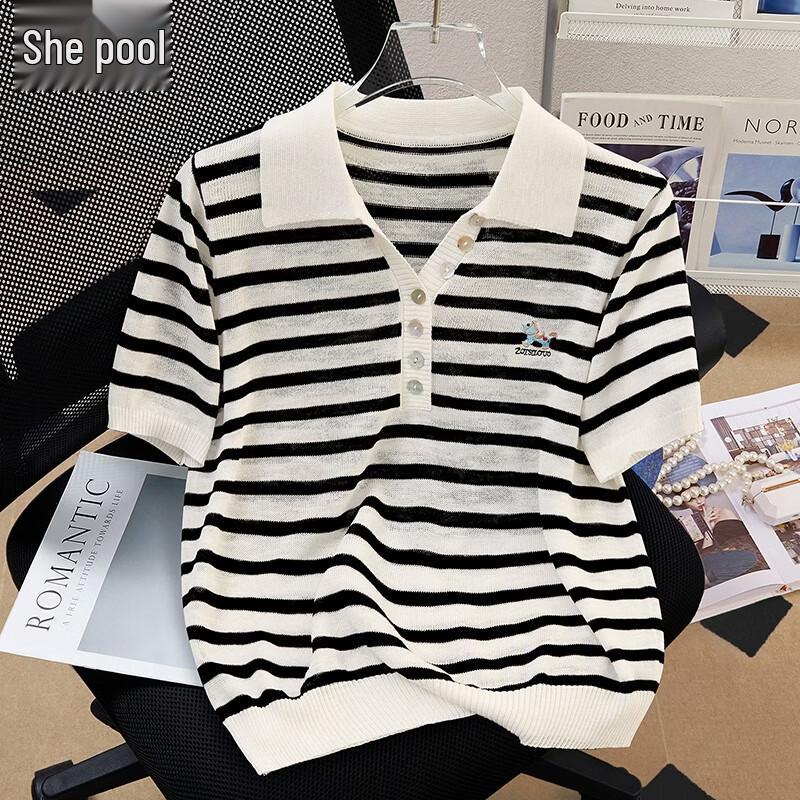 

Women s Contrast Stripe Embroidered Knit Polo Shirt One Size