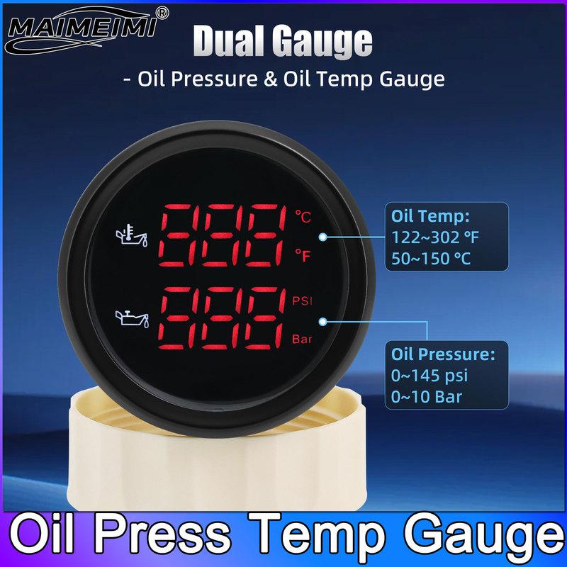 QC Car Oil Pressure Gauge 0-10 BAR Oil Press Oil Temperature LED Meter with Alarm For 12V24V Car Boat 52mm 2 in 1 Meters
