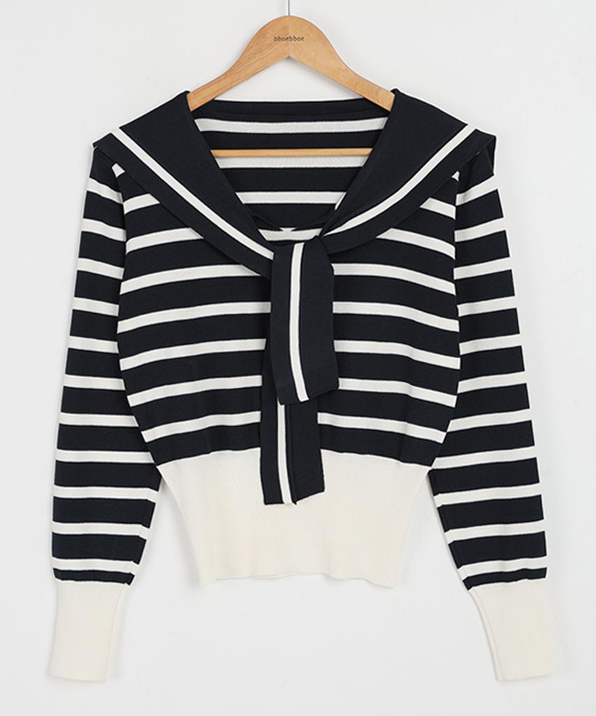 Ppaeppae Tie Sailor Collar Neck Striped Knit T-Shirt