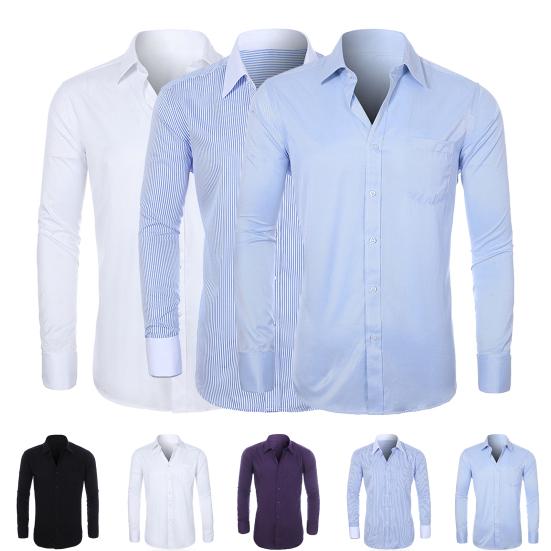 Striped Turn-down Collar Men Shirt French Cuff Button Long Sleeve Buttons Closure