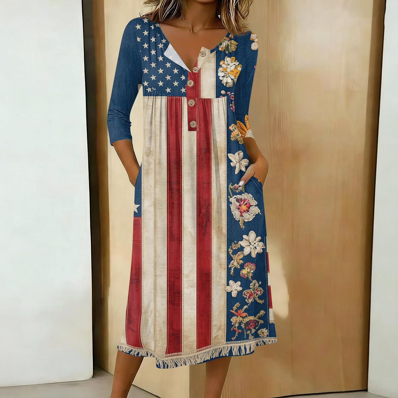 

Women s Casual 3/4 Sleeve Button-down Mid-length Dress XXL