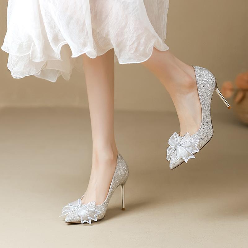 Premium Sense Main Wedding Dress Wedding Shoes Spring and Summer Women's New Bridal Shoes Crystal Wedding High Heels Gold Sequined Shoes