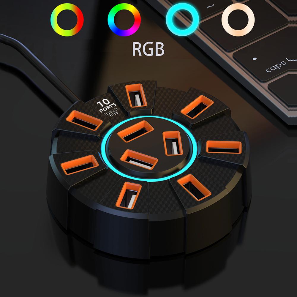 1.2m 10 Ports HUB 7 Colors RGB Backlight USB2.0 Cable Splitter 1 in 10 out Mouse Keyobard Printer Extend Adapter Dock