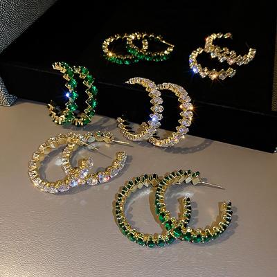 Green Zircon Hoop Earring C Shape Luxury Exaggerate Women's Earrings Geometric Shining Big Earings Jewelry Party Gift