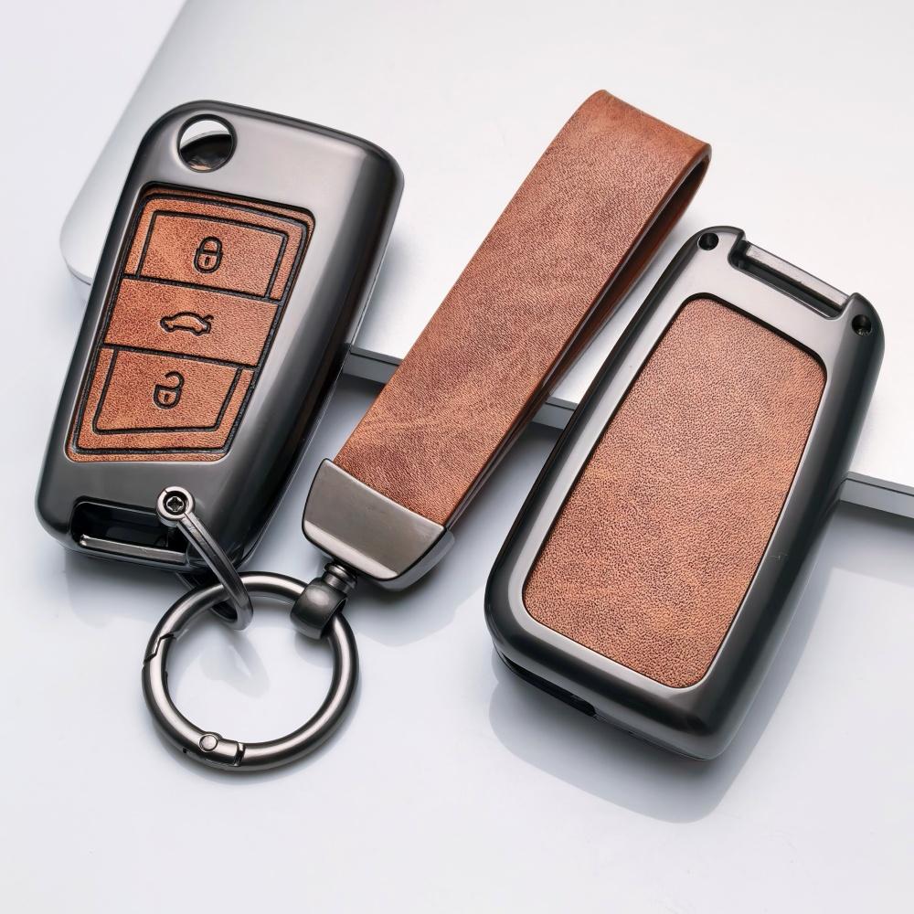 Zinc Alloy Leather For Vw Golf 7 Gti Polo T-Roc Touran Tiguan Skoda Octavia Rapid Kodiaq Fabia Seat Ibiza Leon Car Key Cover