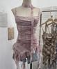 Gradient Print Irregular Ruffled Mesh Camisole Tank Top with Swing Neck and Sleeveless Design