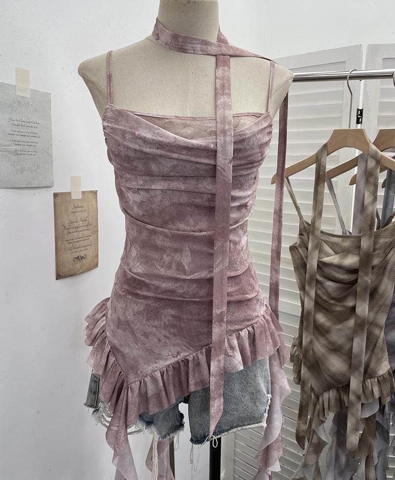 Gradient Print Irregular Ruffled Mesh Camisole Tank Top with Swing Neck and Sleeveless Design