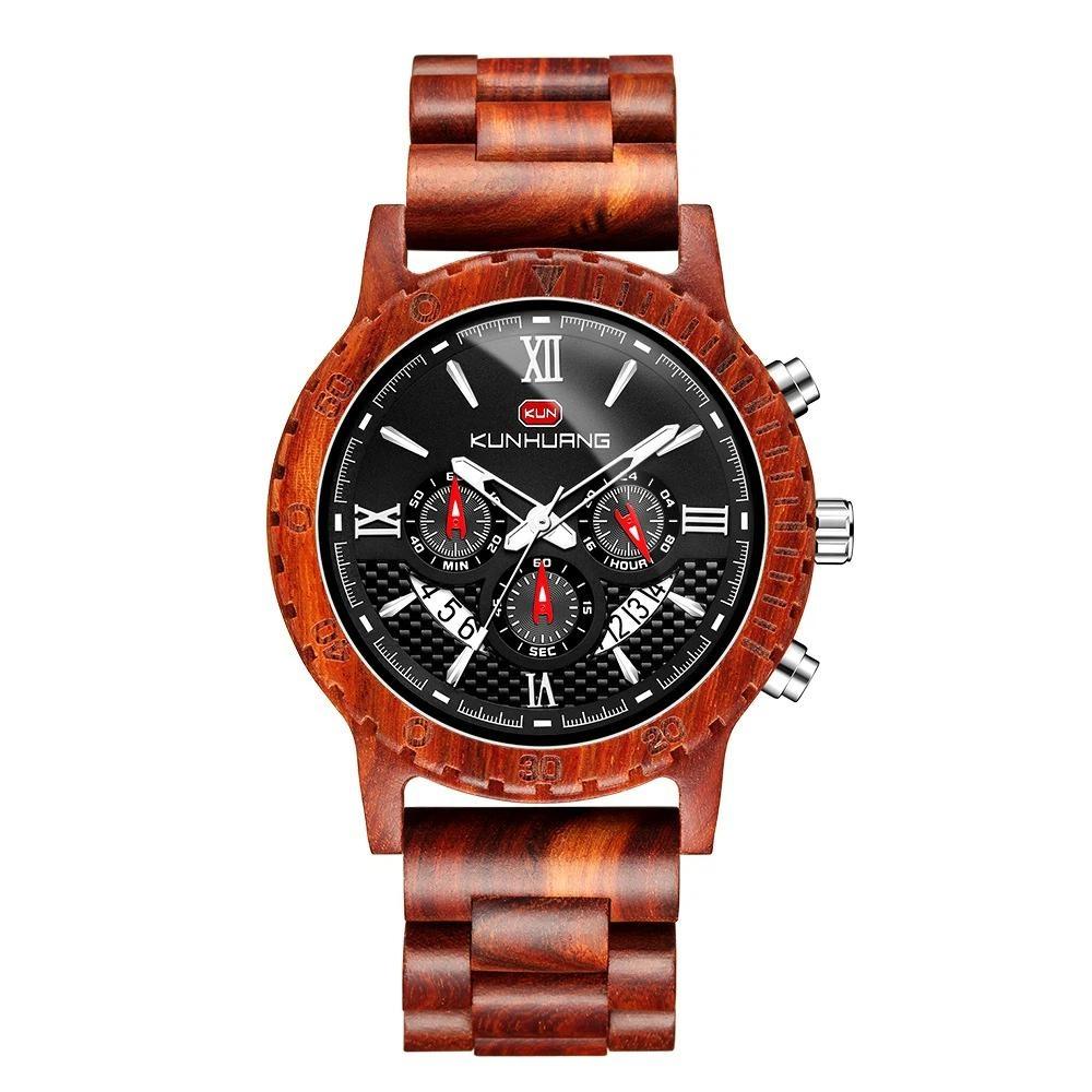 Men Natural Walnut Wood Watch Multifunctional Chronograph Quartz Wristwatch Roman Numeral Dial Sport Wooden Band Watch