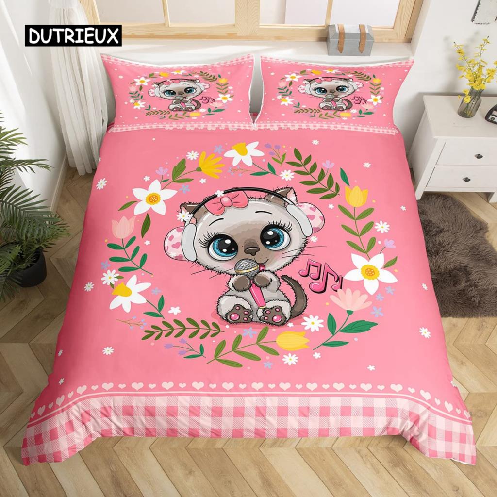 Cartoon Tier Hund Bettbezug King Size Rosa Büffel Bettdeckenbezug Floral Welpe Prinzessin Bettwäscheset Hundeliebhaber Schlafzimmerdeko