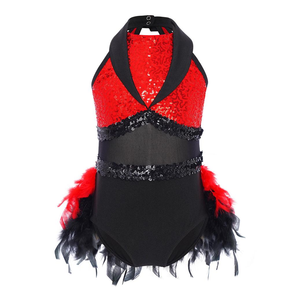 Girls Jazz Dance Dress Turn Down Collar Sleeveless Sheer Mesh Keyhole Back Shiny Sequins Color Block Feather Leotard