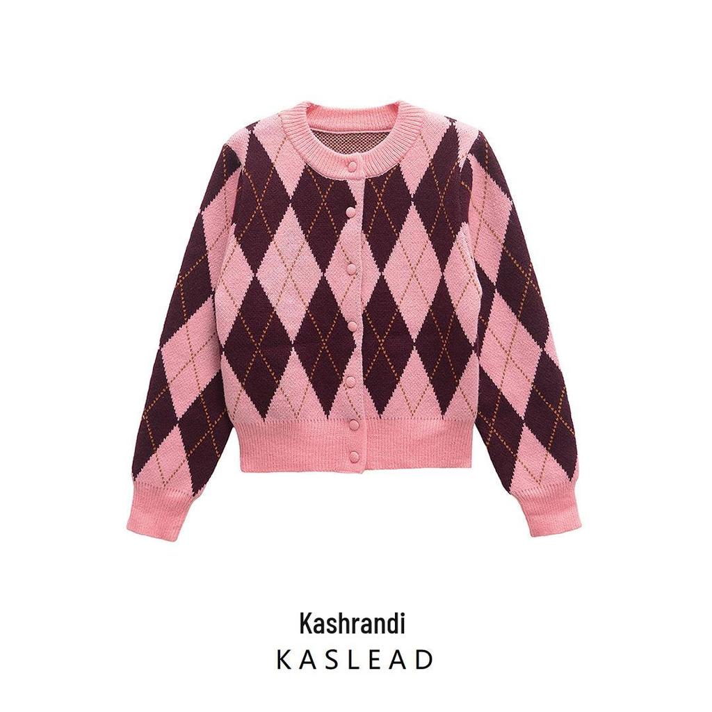 2025 Spring Women's Jacquard Crew Neck Long Sleeve Casual Knit Cardigan