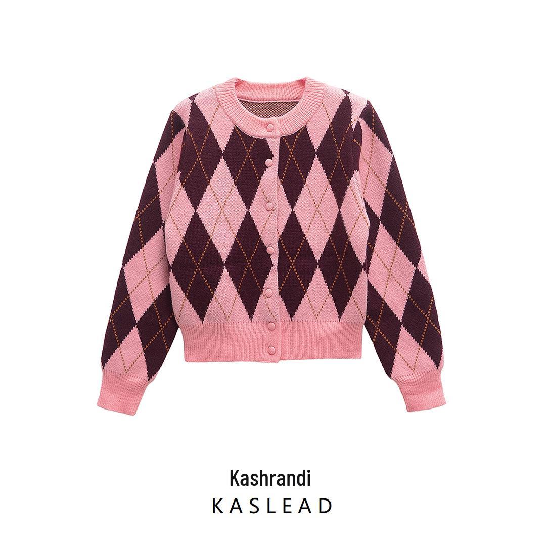 

2025 Spring Women s Jacquard Crew Neck Long Sleeve Casual Knit Cardigan Large