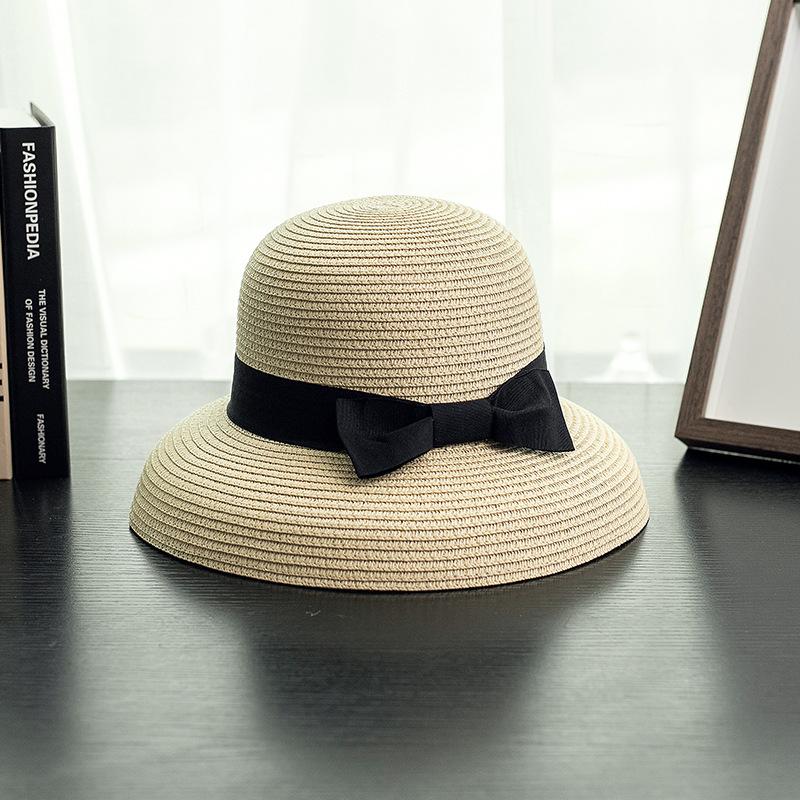 Black Ribbon Bowknot Straw Hat Classic Solid Color Sun Hats Elegant Summer Travel Beach Hats for Women Daily Use