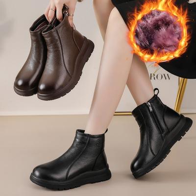 Women's Large Size Soft Sole Winter Warm Non-slip Cowhide Leather Snow Boots Padded Wool Lined Ankle Boots Waterproof Outdoor Sports Cotton Boots